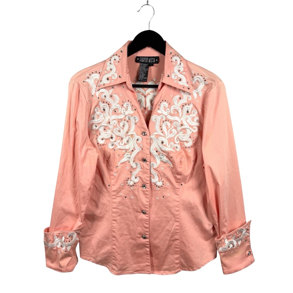 VINTAGE Silver Mesa‎ Studded Embroidered Women's V-Neck Long Sleeve Shirt Sz L